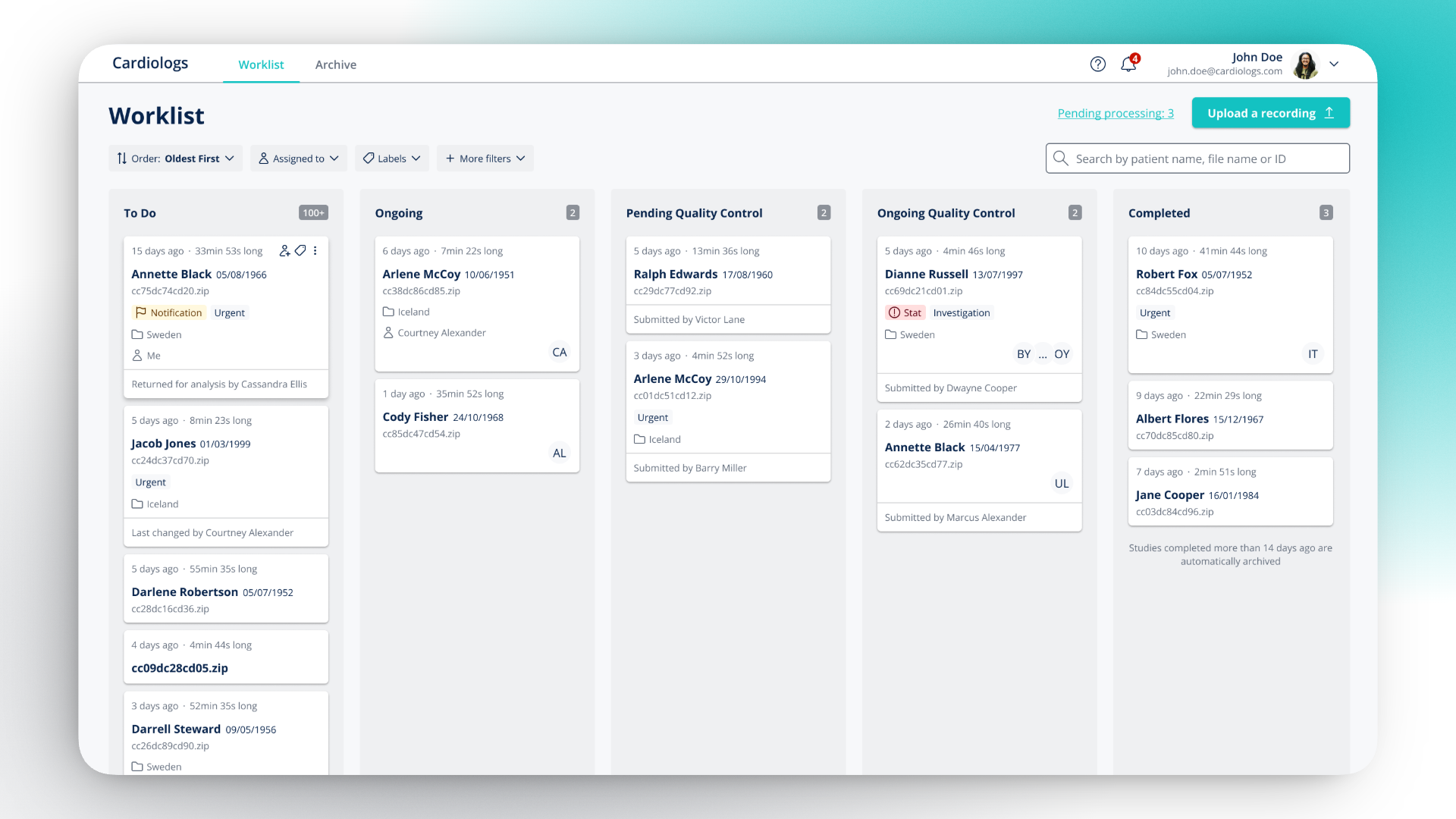 Screenshot of the redesigned Cardiologs Worklist — a five-column kanban triage interface for cardiologists
