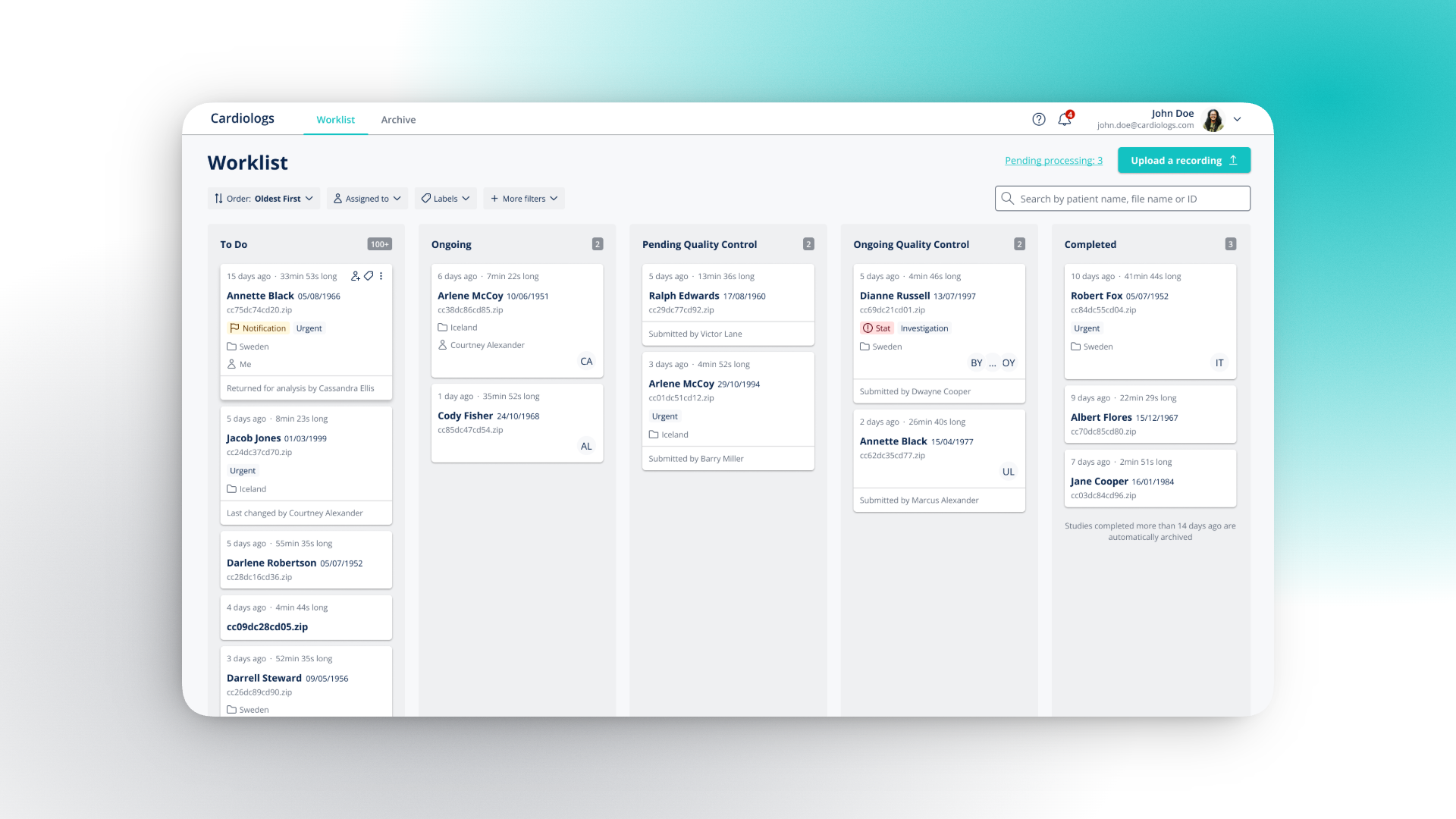 Close-up of the redesigned Worklist cards showing rich patient and recording information