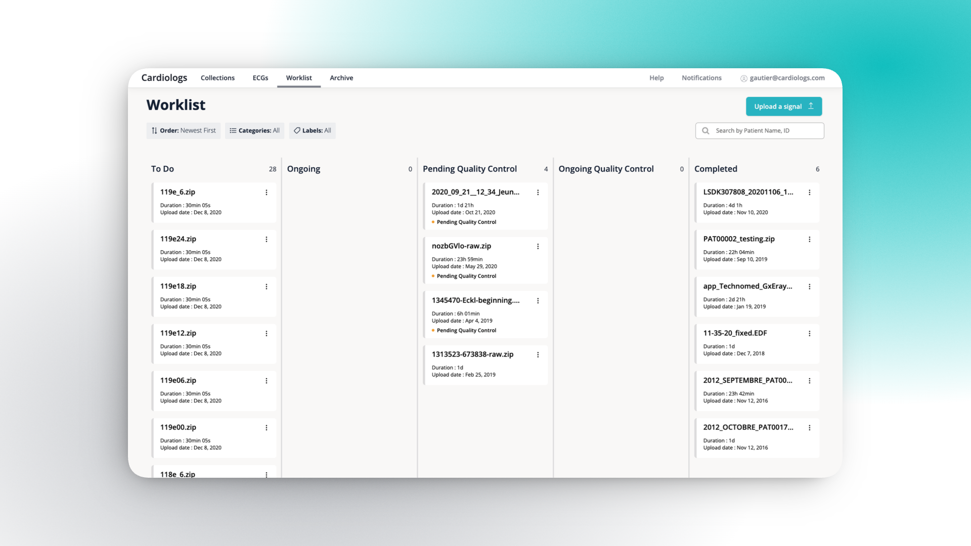 The redesigned five-column Worklist with integrated Quality Control stages and a filter bar