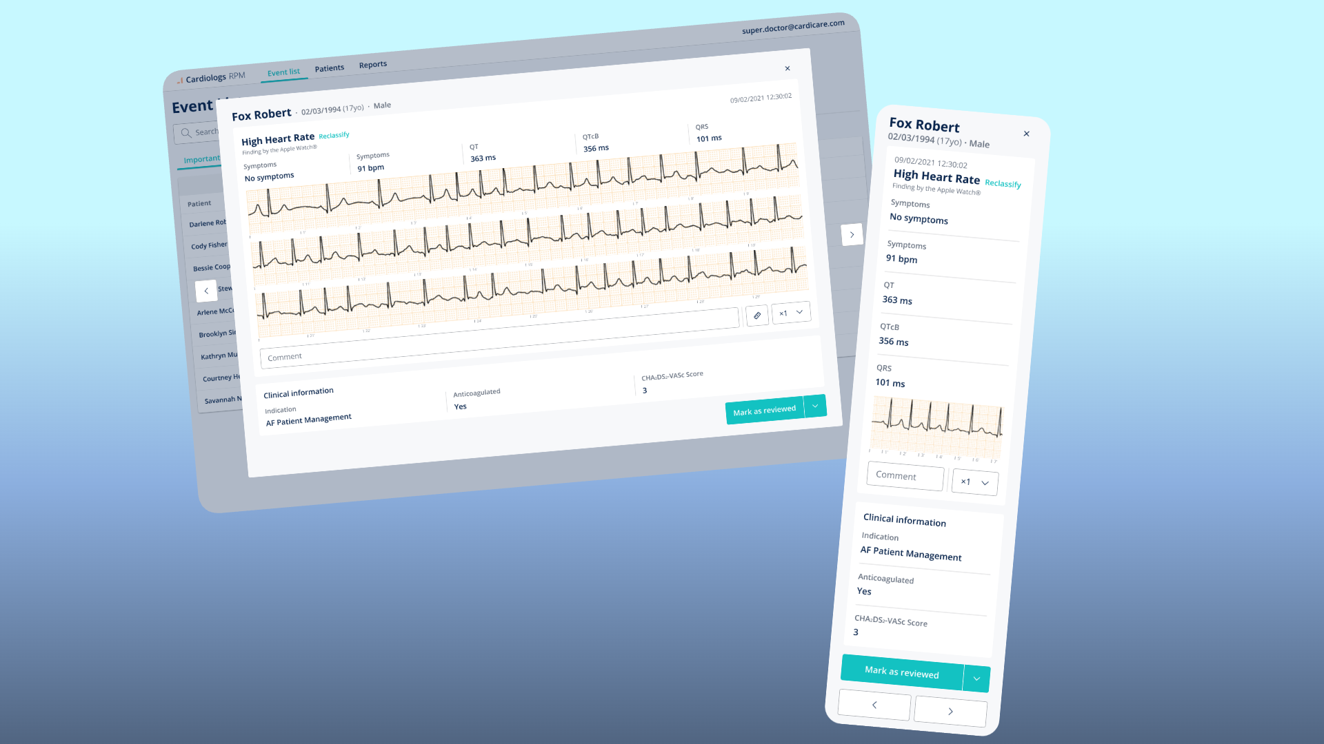 Event detail view with ECG trace, clinical metrics, and reclassification controls