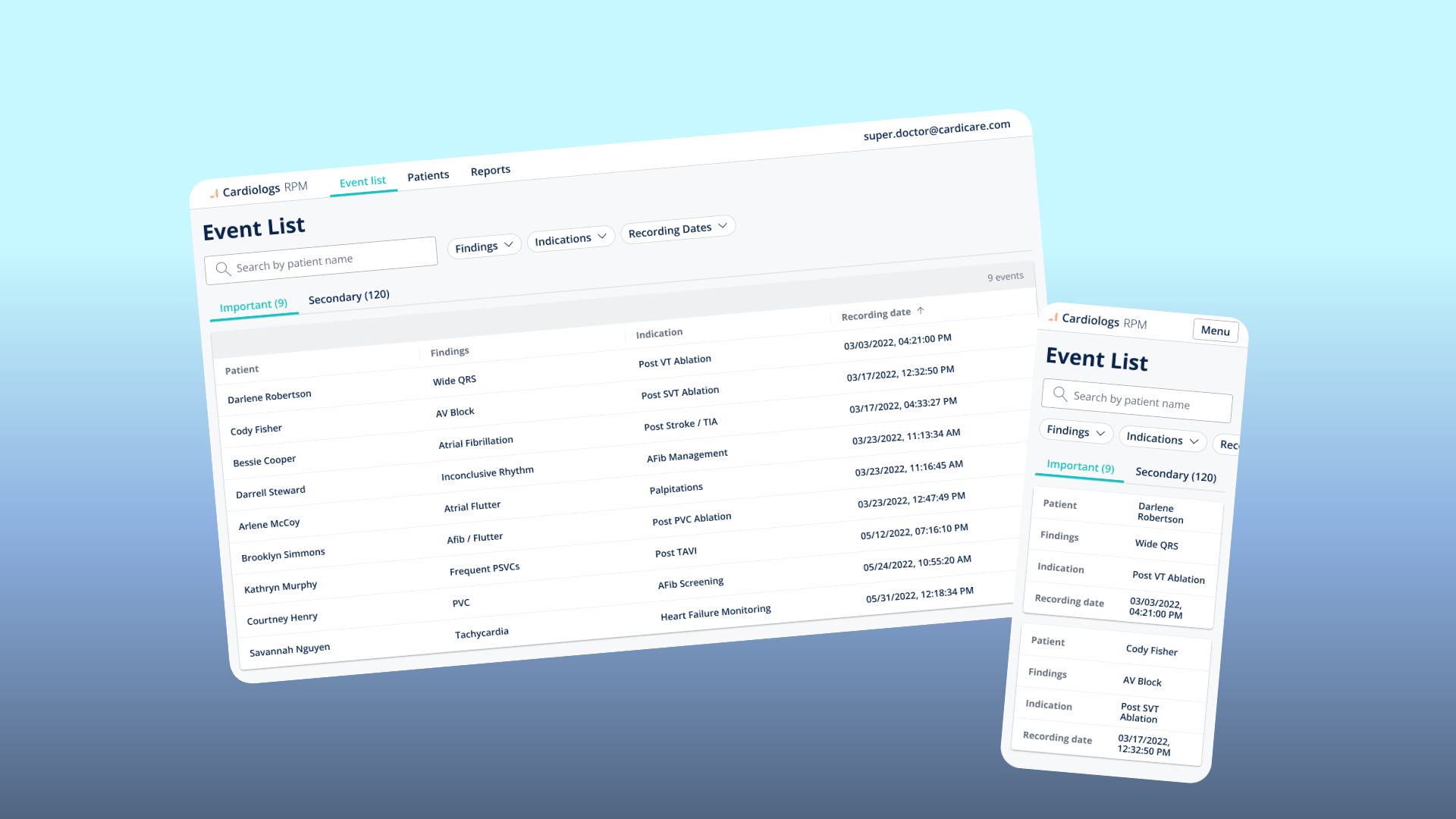 Mobile event list showing Important and Secondary tabs with filter controls