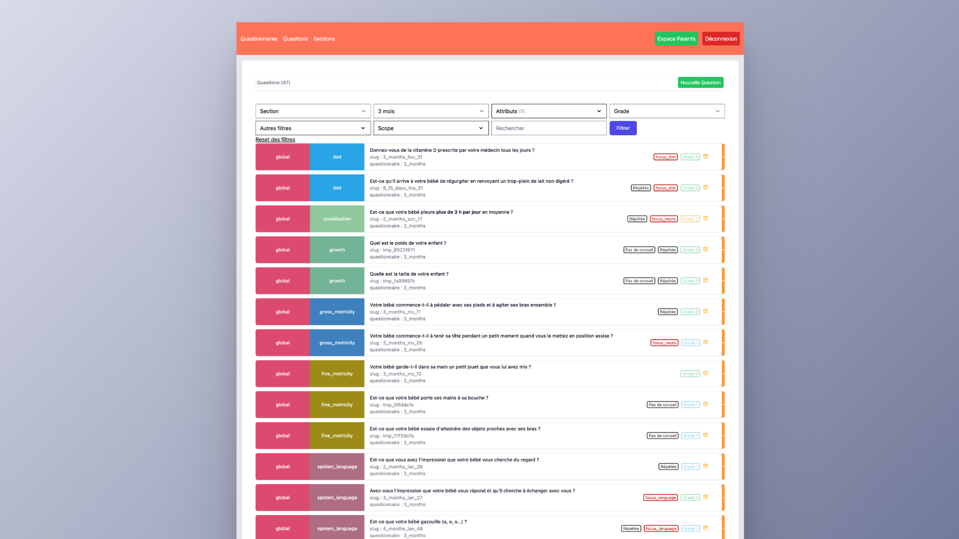 The old QStudio interface — questionnaires listed as colour-coded slugs with no hierarchy
