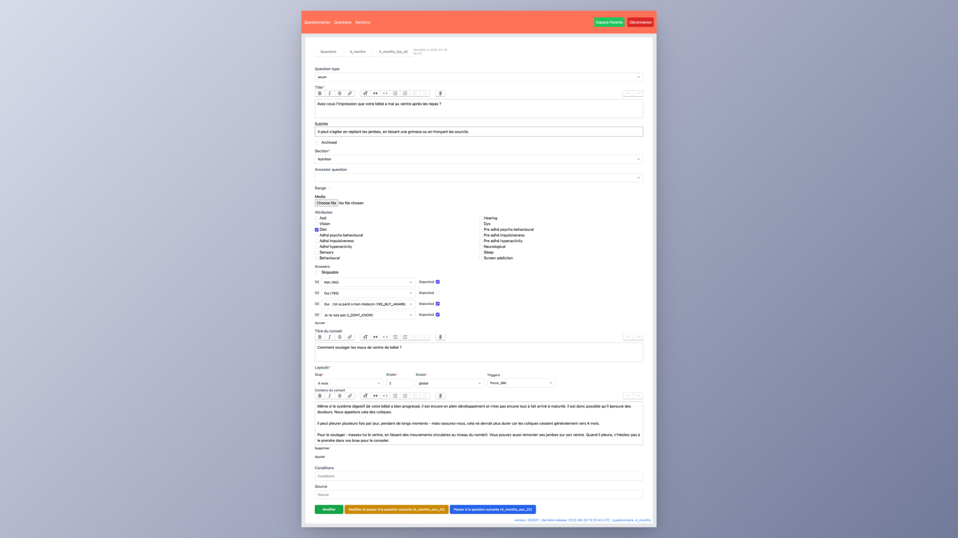 The old question editor — a dense, single-column form with no visual connection to the broader flow