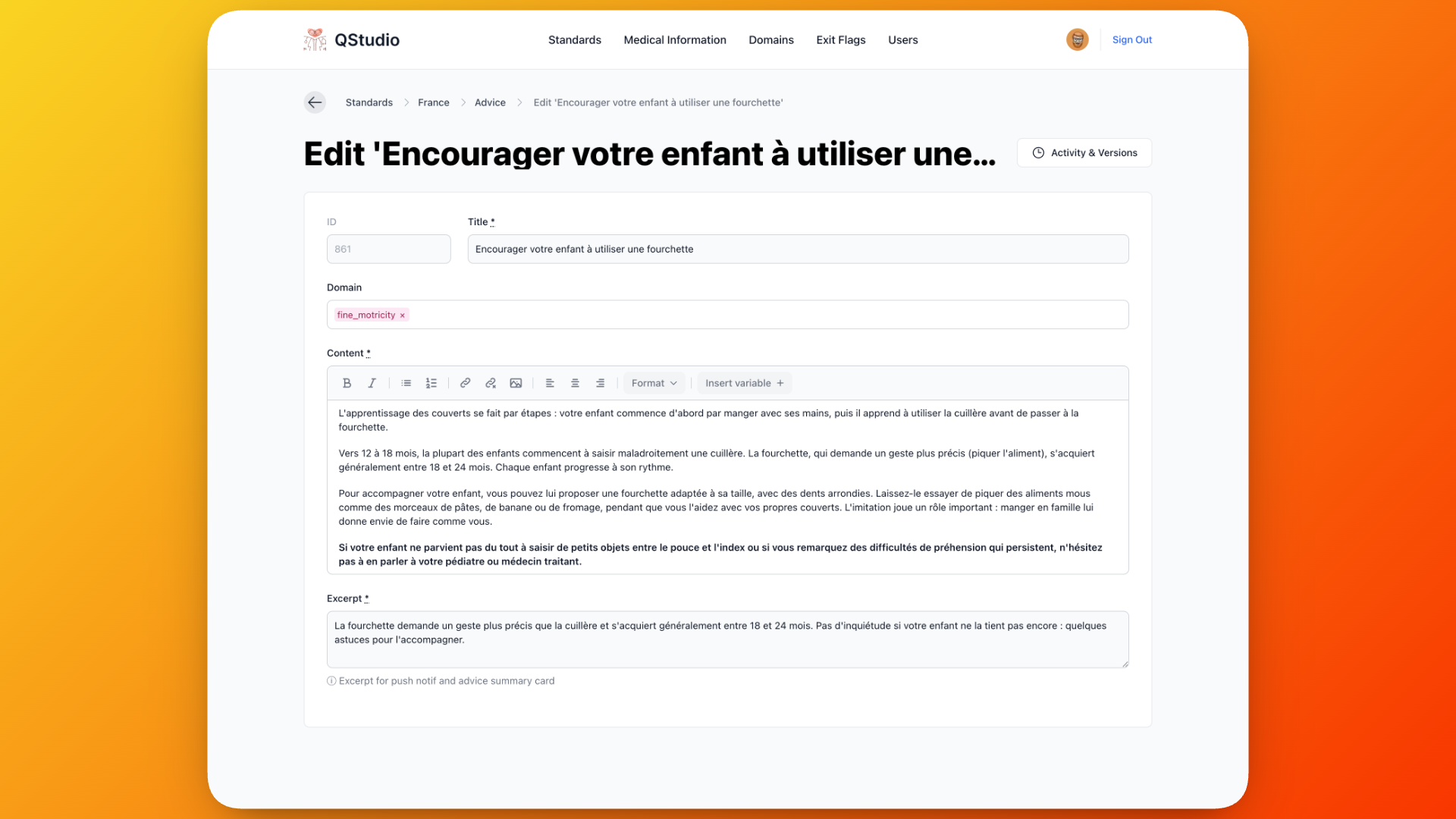 The advice editor — content linked to specific answers with rich text, domain tags, and version history
