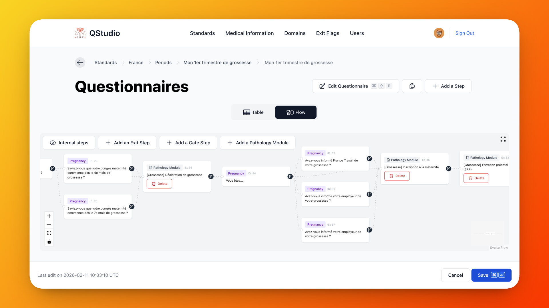 The visual flow builder — questions and modules as nodes, with edges showing routing conditions