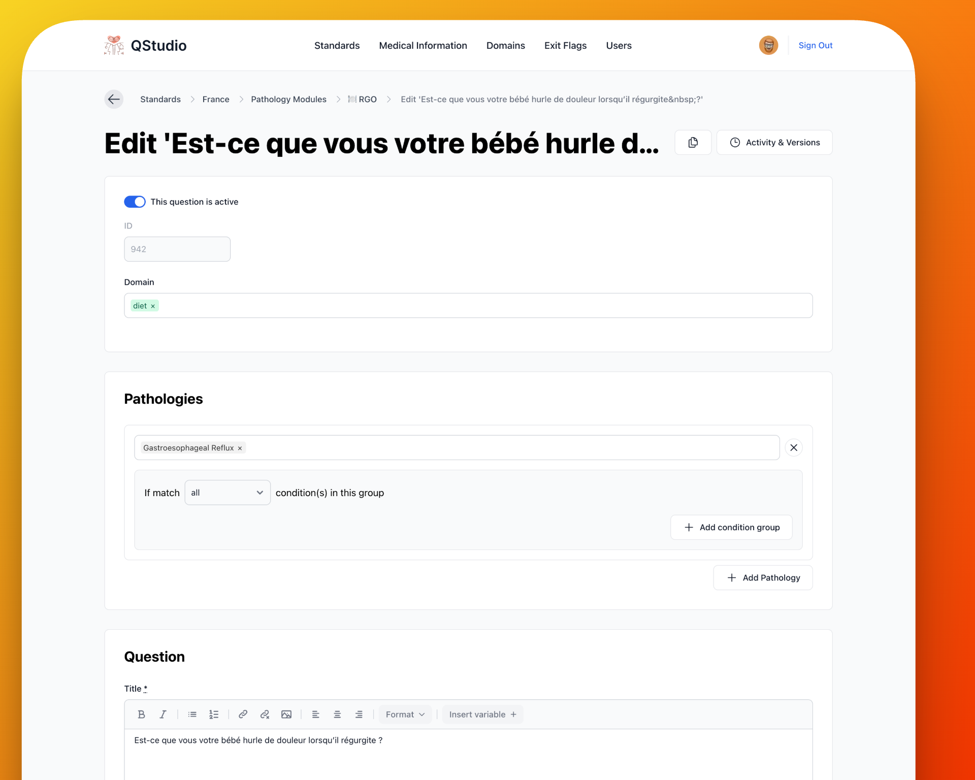 Question editor — answer types, scoring, and exit flags configuration