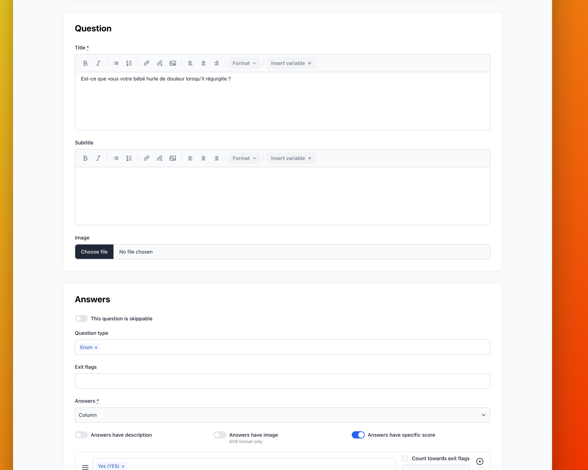 Question editor — advice content linked to specific answers